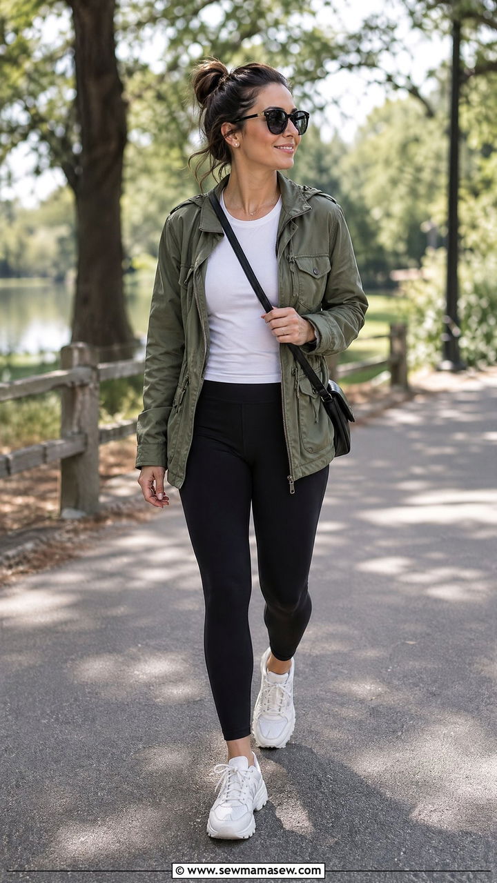 Utility jacket and leggings outfit - 35 Casual outfits for moms