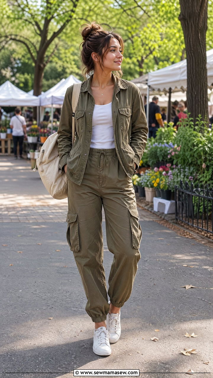 Utility jacket and olive cargo pants - 35 spring simple outfit ideas