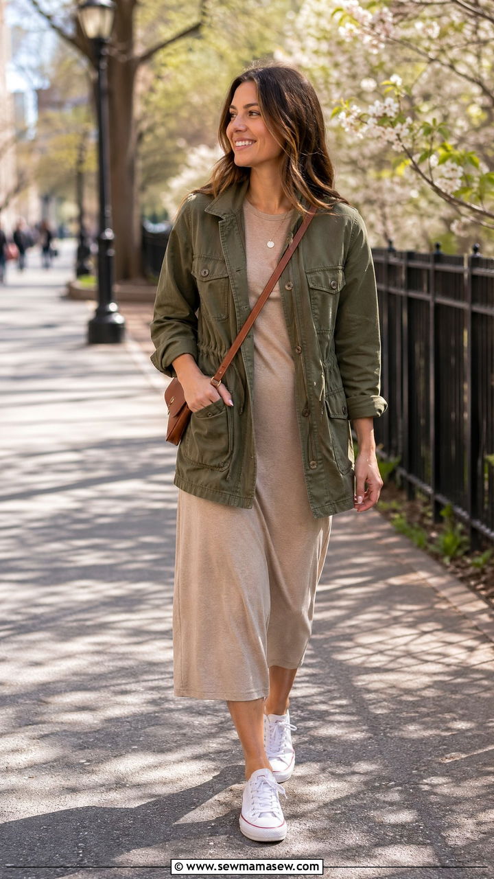 Utility jacket layered over a midi dress - 35 spring effortless chic outfit ideas