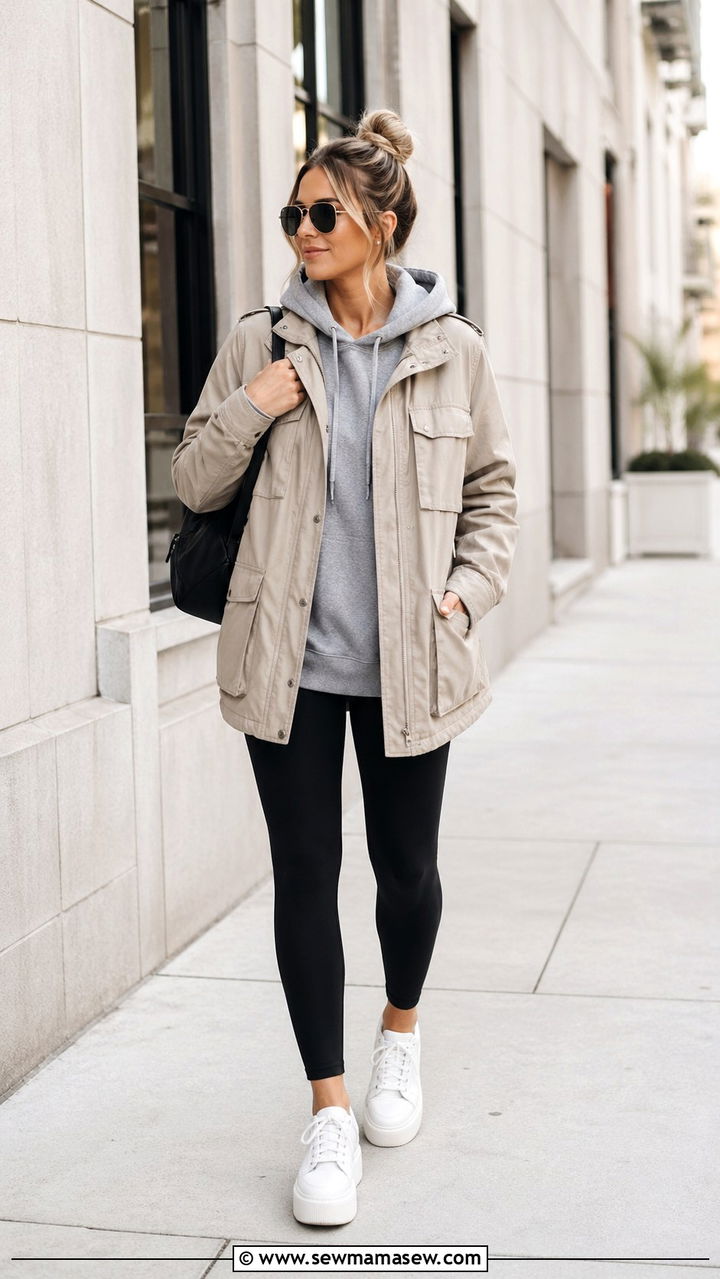 Utility jacket over a hoodie - 30 Spring layering outfits