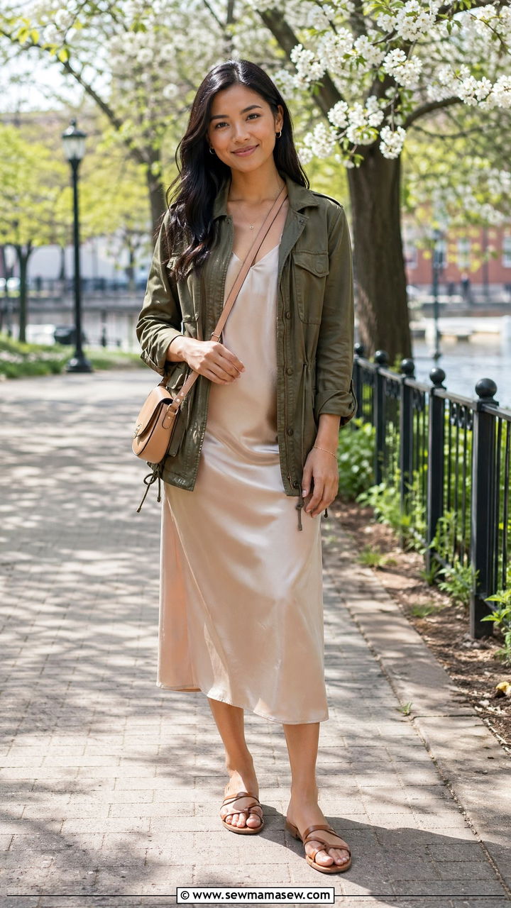 Utility jacket over a midi slip dress and flat sandals - 35 spring to summer outfits for women