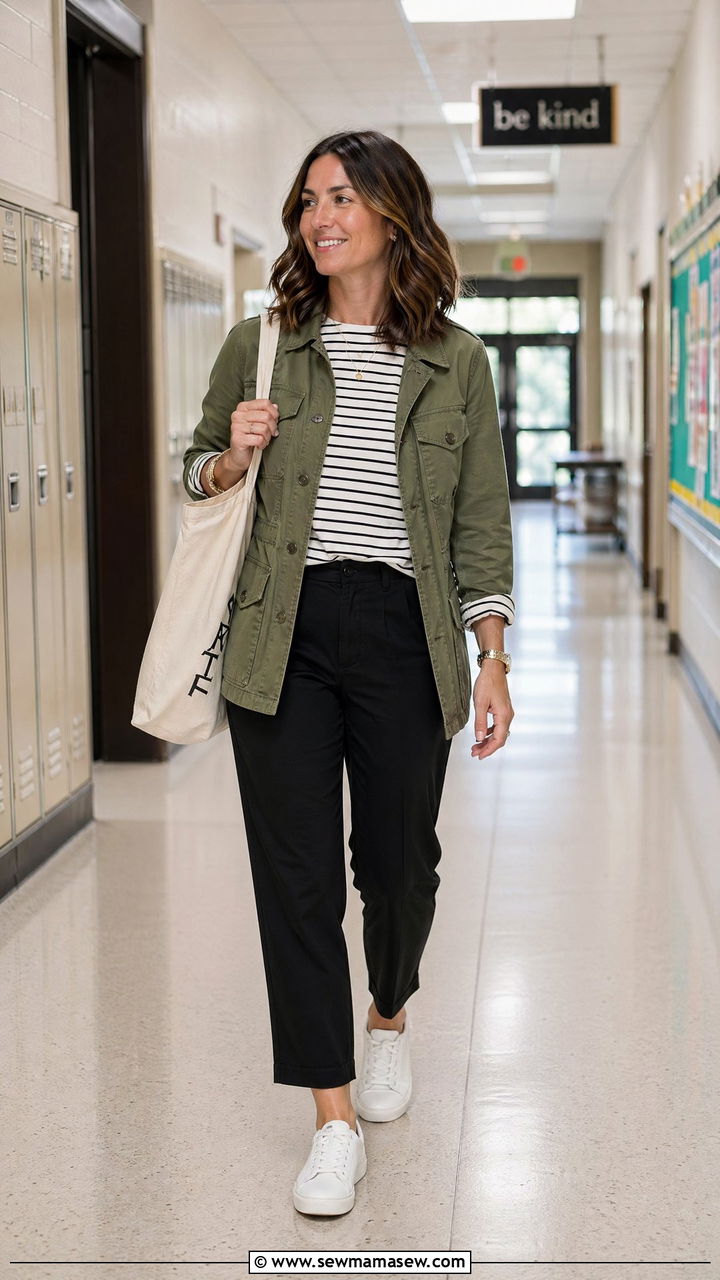 Utility jacket over striped tee with cropped trousers and sneakers - 35 Teacher outfit ideas for school