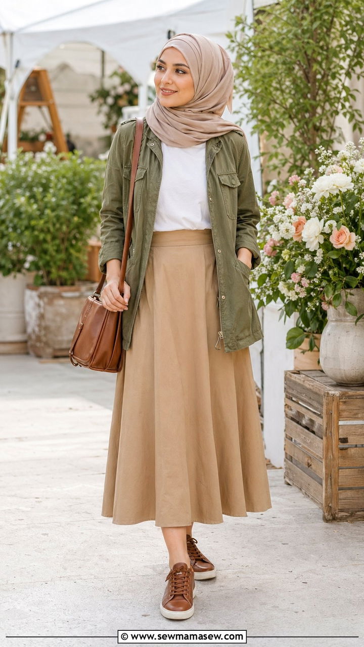 Utility jacket with A line skirt - 35 Modest outfit ideas for hijabis
