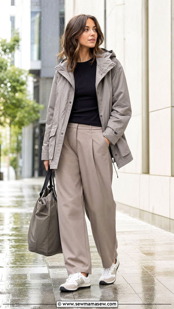 Utility jacket with barrel trousers and trainers - 35 rainy day outfits for women