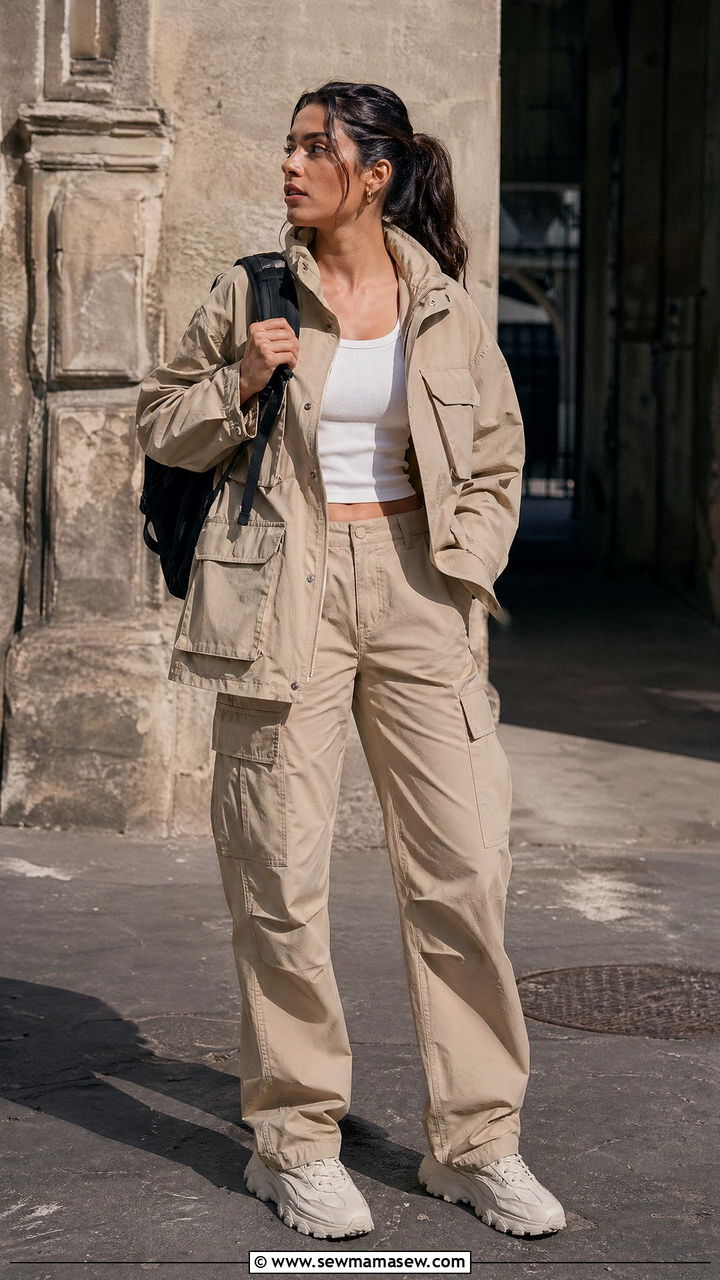 Utility jacket with cargo pants and sneakers - 35 Weekend getaway outfit ideas