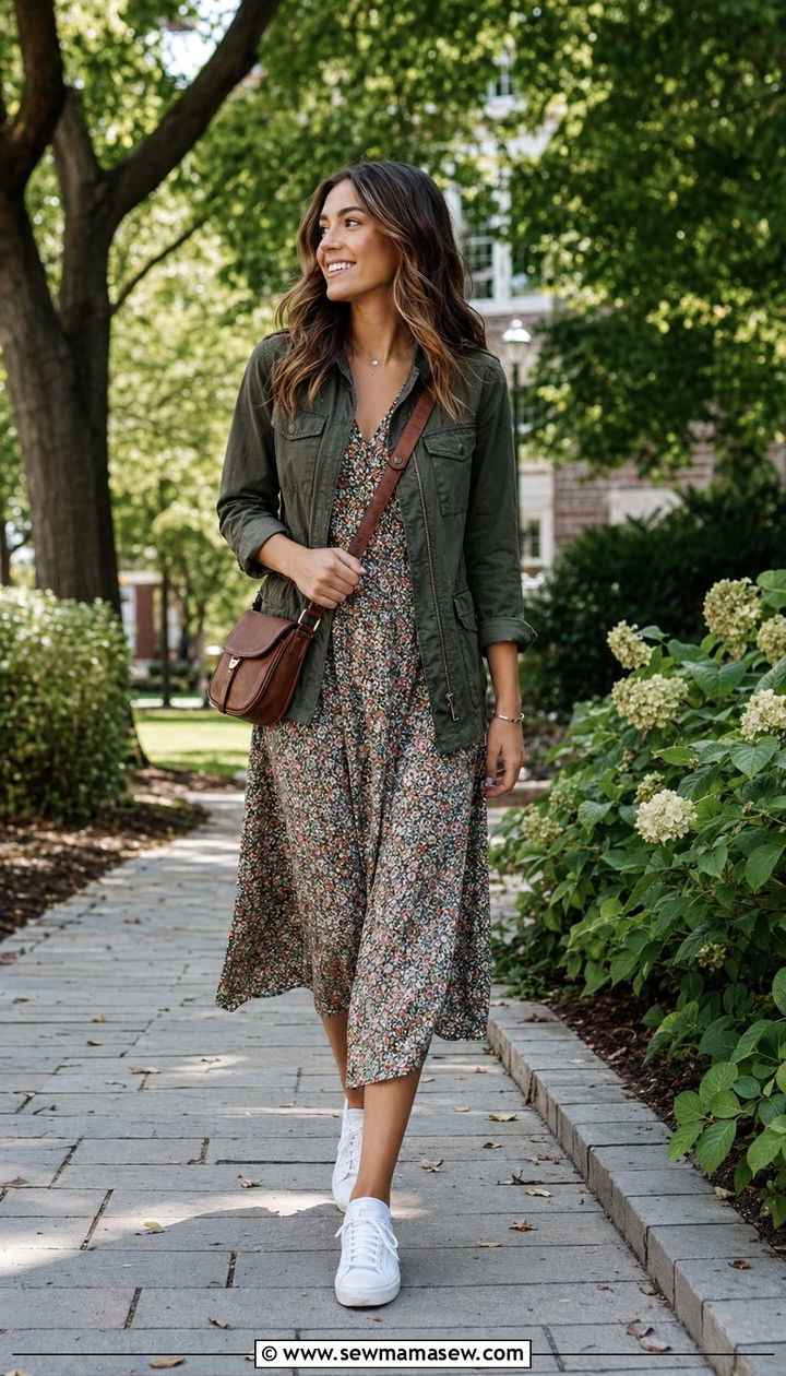 Utility jacket with floral midi dress - 35 school outfit ideas for women