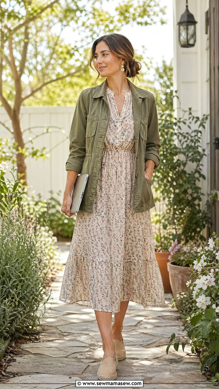 Utility jacket with floral midi dress outfit - 35 spring work from home outfit ideas