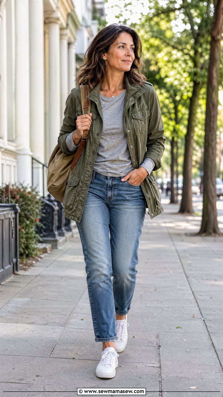Utility jacket with grey top and medium wash jeans casual travel outfit - 35 Travel outfit ideas for women over 40