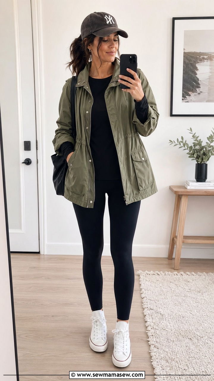 Utility jacket with leggings and high top sneakers - 30 windy day outfits inspo