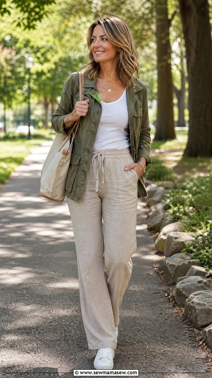 Utility jacket with linen trousers casual spring outfit - 35 Spring capsule wardrobe for women over 40