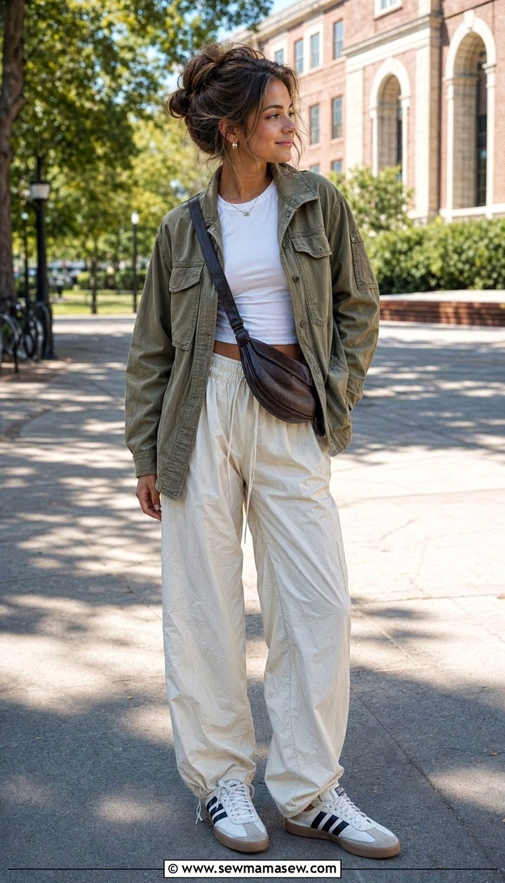 Utility jacket with parachute pants outfit - 30 back to school outfits for women