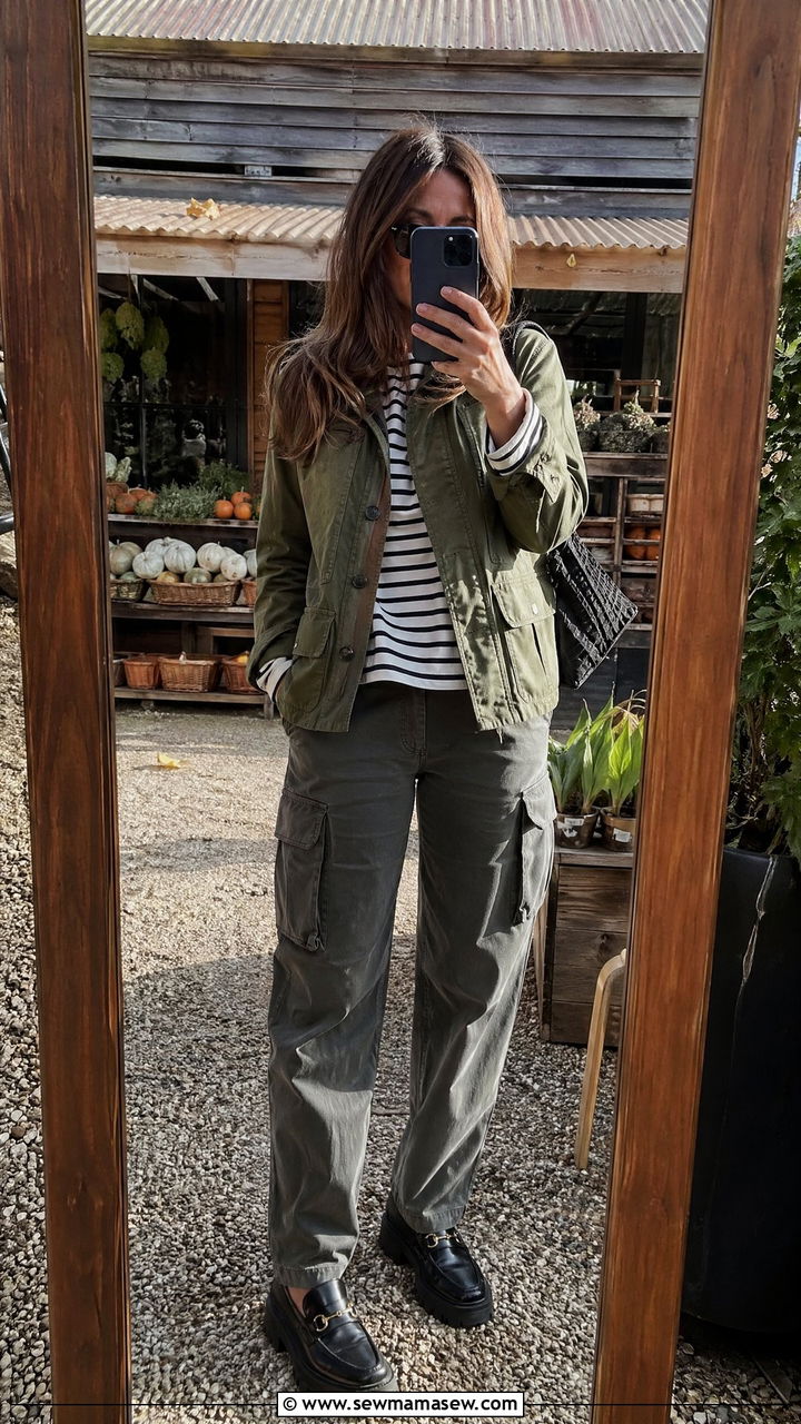 Utility jacket with striped tee and cargo pants - 35 Transitional wardrobe ideas