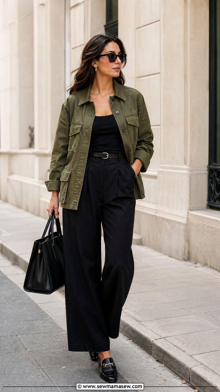 Utility jacket with wide leg trousers and loafers - 35 transitional outfits for women