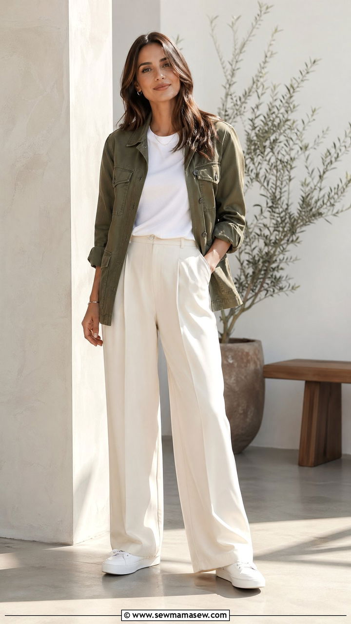 Utility jacket with wide leg trousers and sneakers - 35 Spring business casual outfits for women