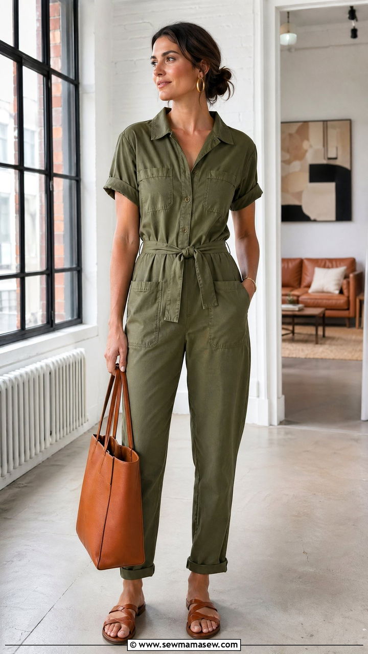 Utility jumpsuit and flat sandals outfit - 35 Summer office outfit ideas