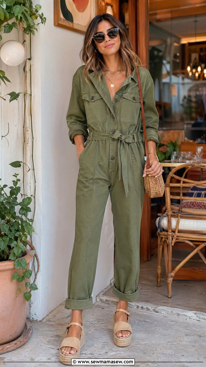 Utility jumpsuit and platform sandals brunch - 35 chic brunch outfits for women