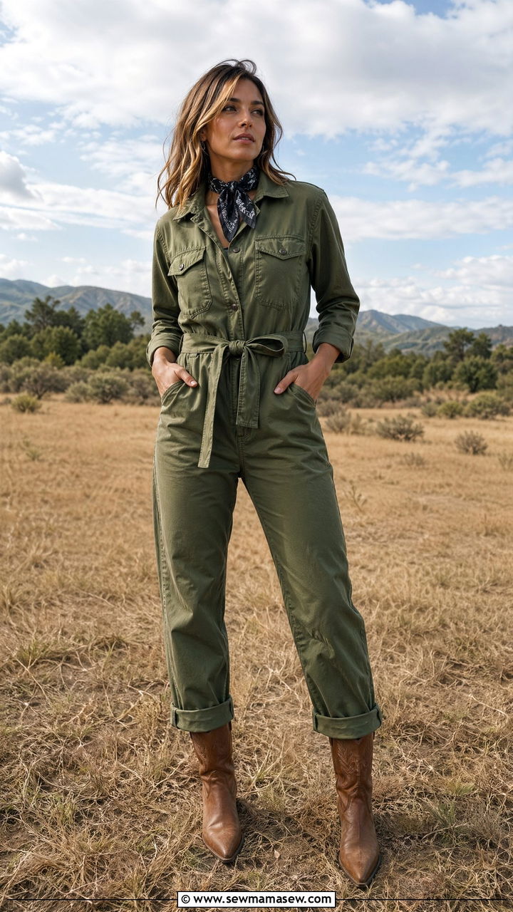 Utility jumpsuit styled with cowboy boots - 35 Country outfit ideas