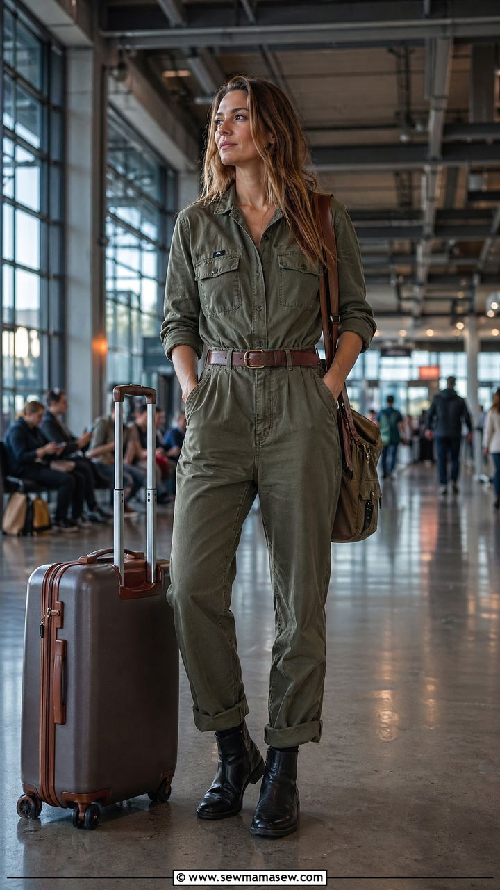 Utility jumpsuit with belt and ankle boots long flight - 40 Long flight outfit ideas