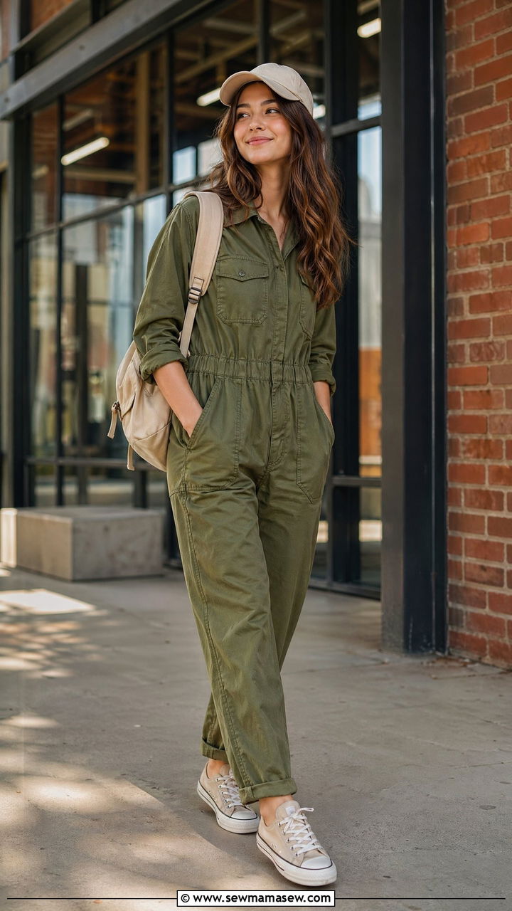 Utility jumpsuit with canvas sneakers - 35 casual school outfits