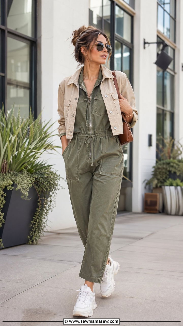 Utility jumpsuit with cropped jacket - 35 spring smart casual outfit ideas
