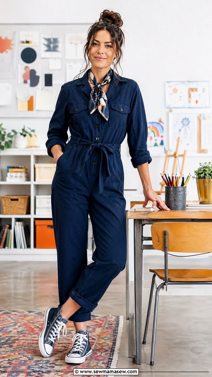 Utility jumpsuit with high top sneakers and neck scarf - 35 spring teacher outfit ideas