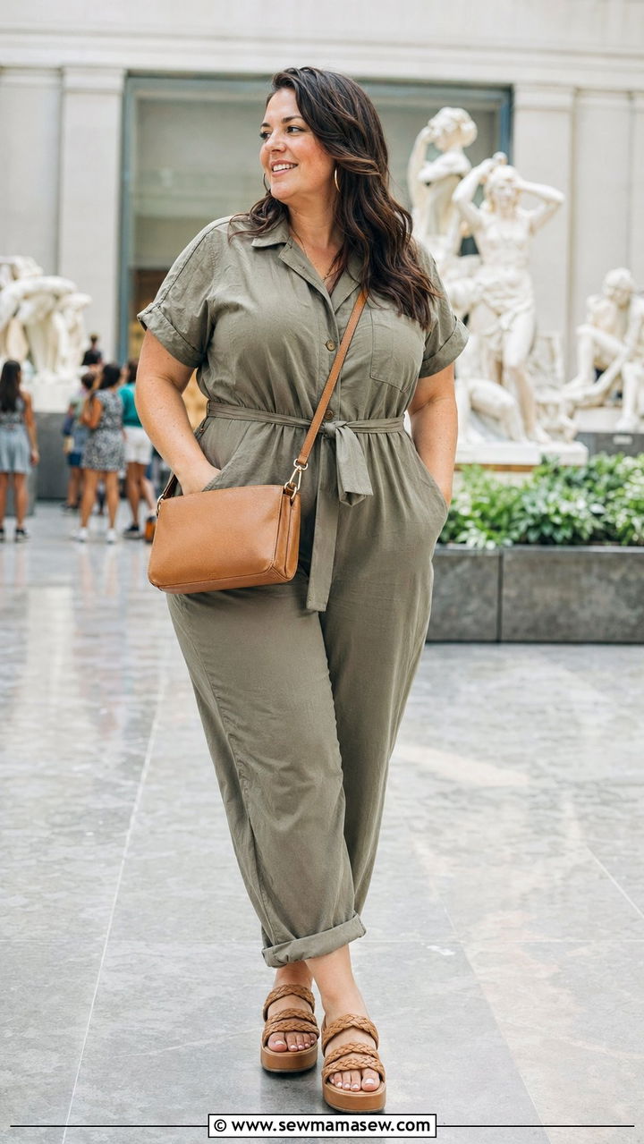 Utility jumpsuit with platform sandals - 35 Plus size outfit ideas size 18 summer
