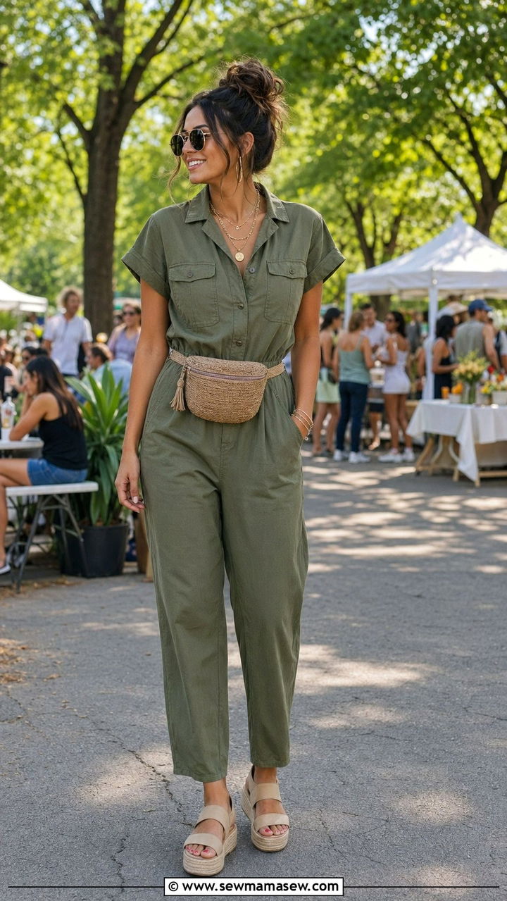 Utility jumpsuit with platform sandals - 30 Block party outfit ideas