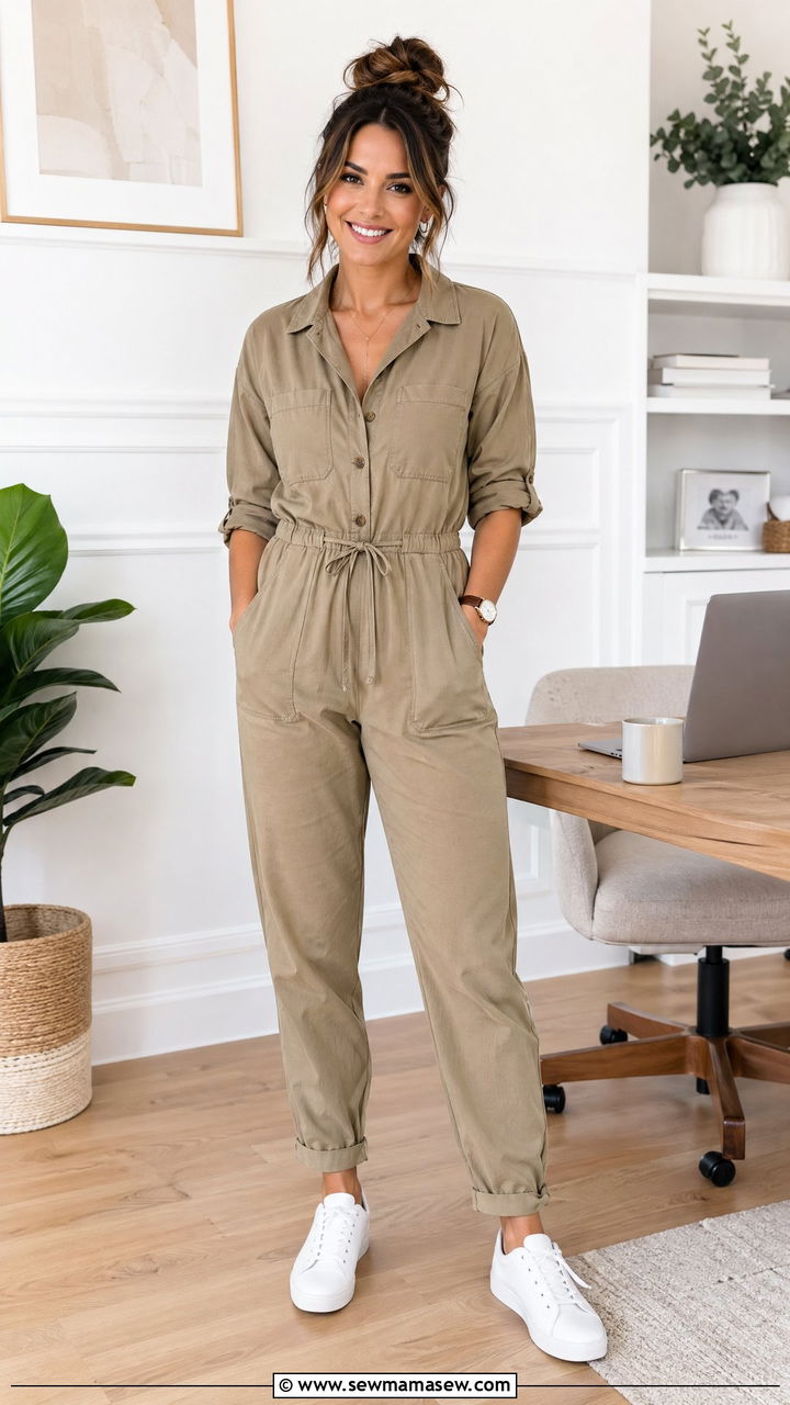 Utility jumpsuit with sneakers outfit - 35 Work from home outfits for moms