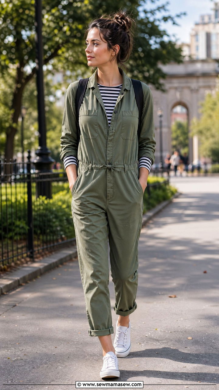 Utility jumpsuit with striped shirt and white sneakers - 35 transitional outfits for women