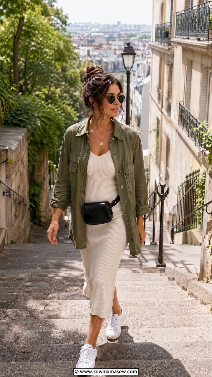 Utility shacket with a ribbed knit dress - 35 Summer Paris outfit ideas