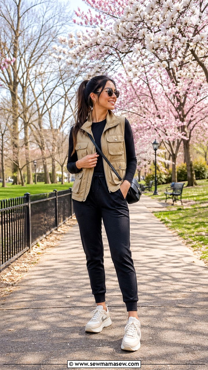Utility vest over a fitted long sleeve and joggers outfit - 30 Spring capsule wardrobe for college