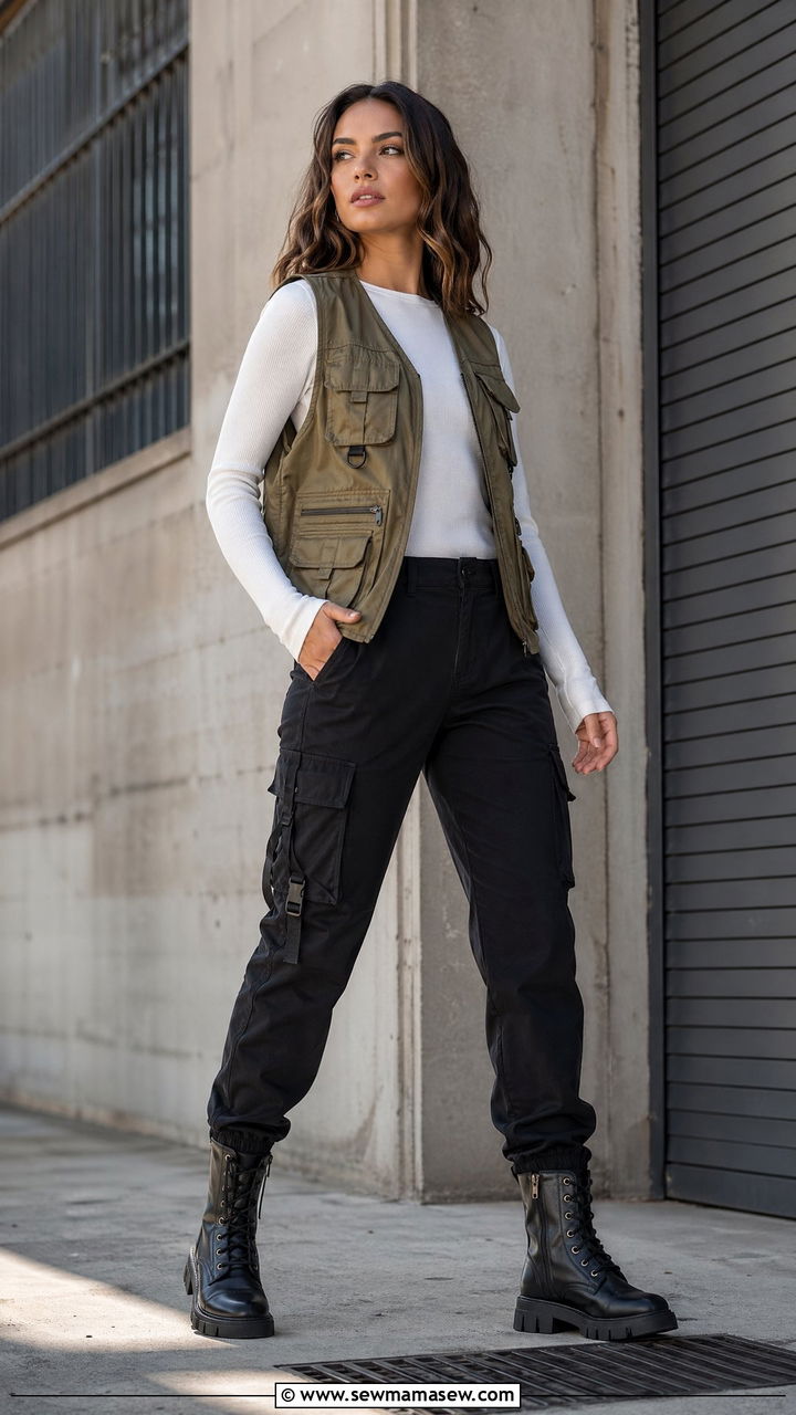 Utility vest over long sleeve tee with slim cargos - 35 Streetwear spring outfits