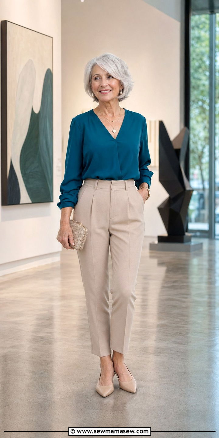 V Neck Blouse with High Waisted Ankle Pants - 35 Petite outfit ideas for women over 60