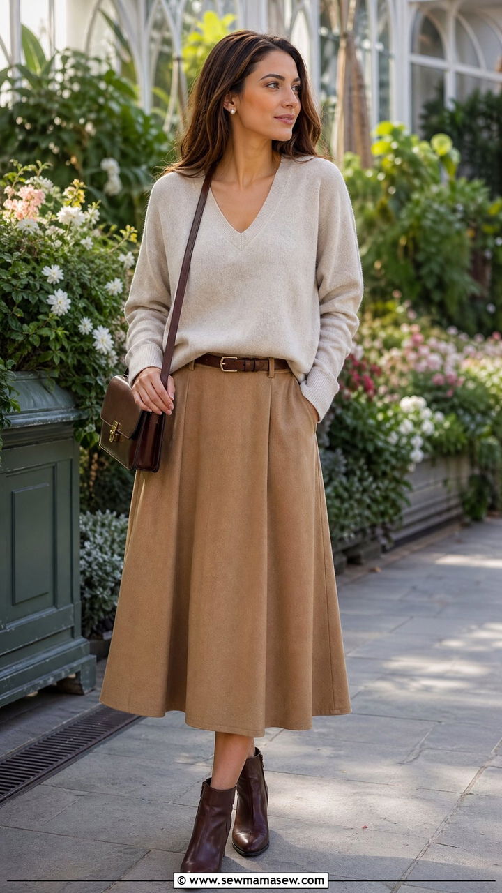 V Neck Cashmere Sweater with A Line Midi Skirt - 35 classy old money outfit ideas