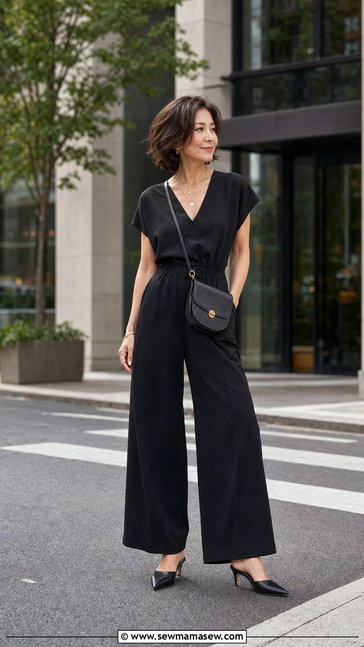 V Neck Jumpsuit with Heeled Mules - 35 Petite outfits for women over 40