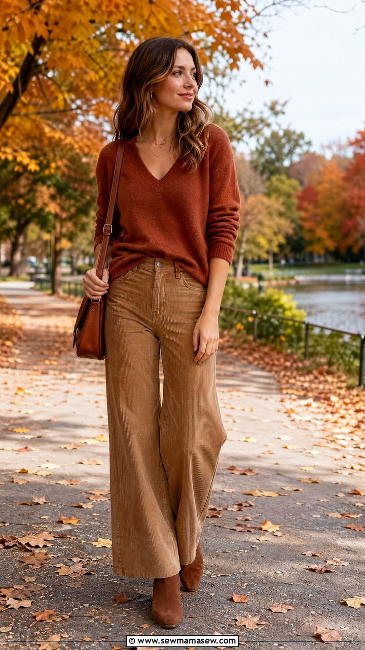 V Neck Sweater And Wide Leg Corduroy Pants - 35 casual wide leg pants outfits