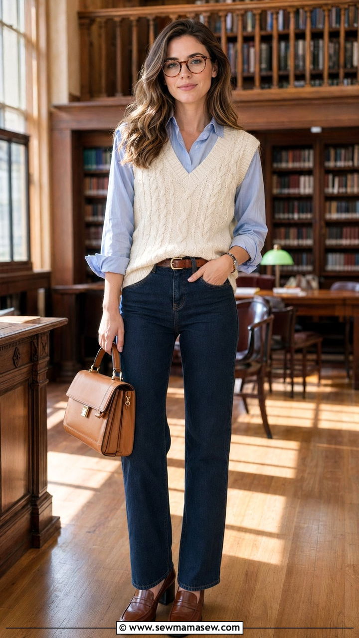 V Neck Sweater Vest Over Collared Shirt Outfit - 30 90s outfit ideas for women over 40