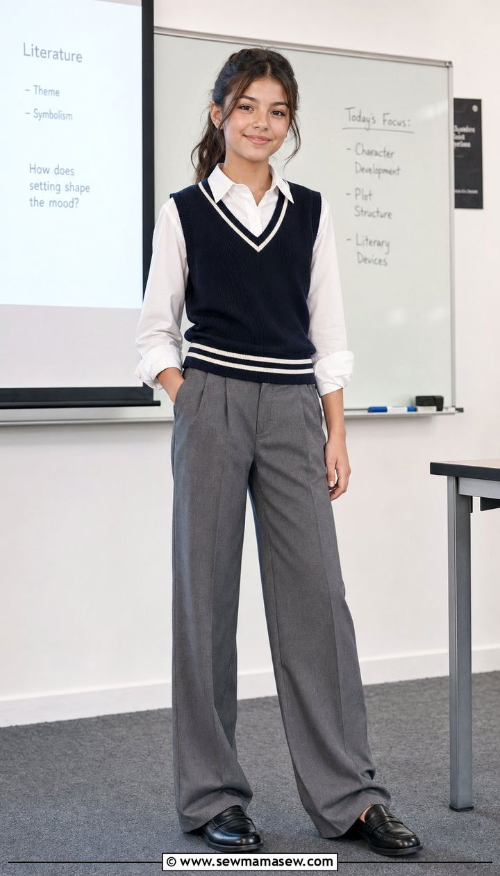 V Neck Sweater Vest Over Collared Shirt With Trousers - 30 Back to school outfit ideas for tweens 2026
