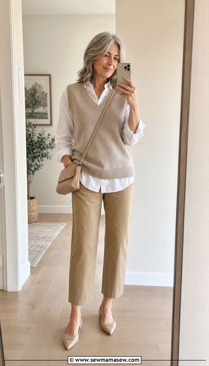 V Neck Sweater Vest With Khaki Crop Pants - 35 Graduation outfits for women over 50