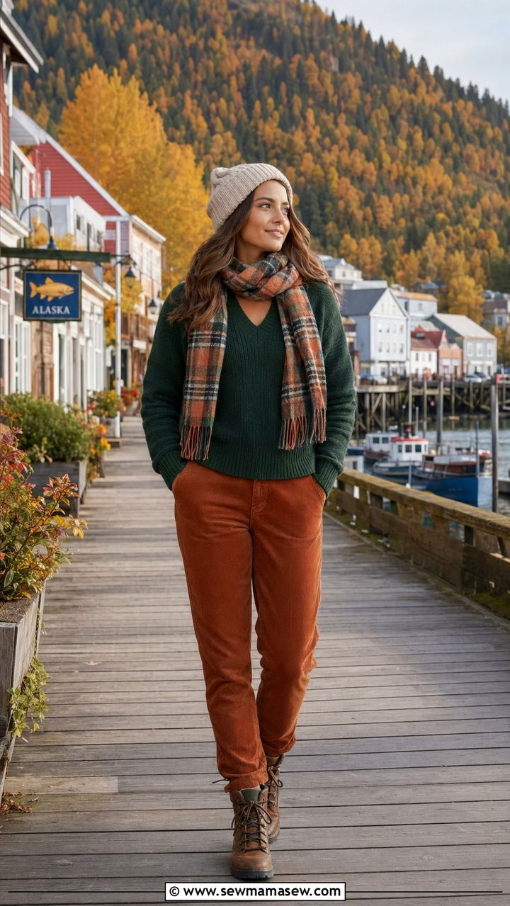 V Neck Sweater With Corduroy Pants And Hiking Boots - 30 Alaska cruise outfit ideas