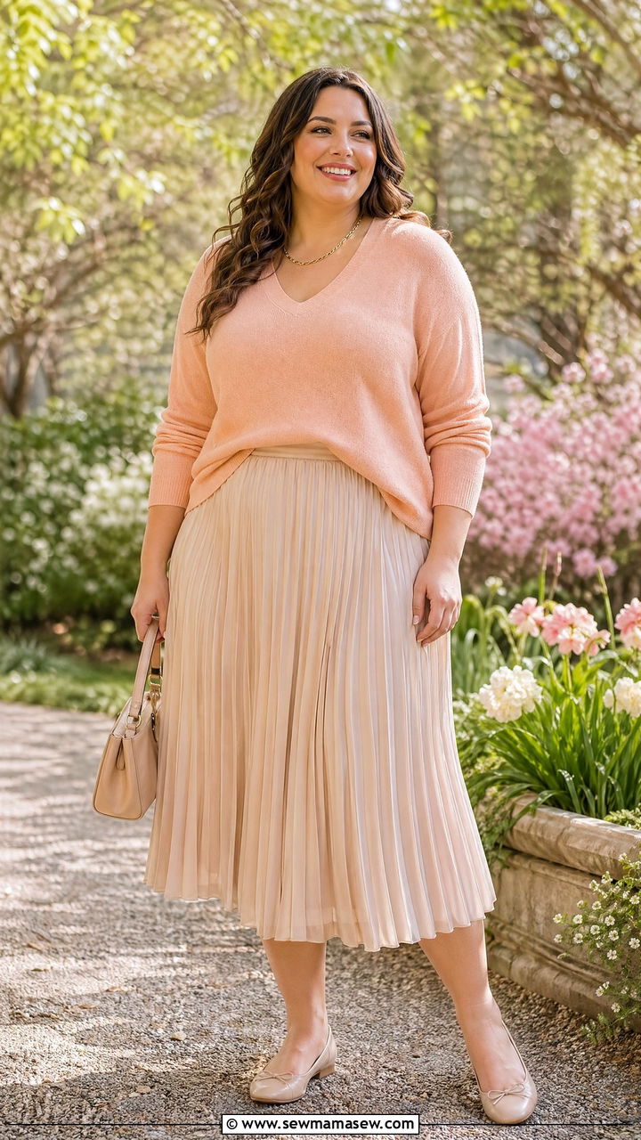 V Neck Sweater With Pleated Midi Skirt Outfit - 35 Spring capsule wardrobe plus size