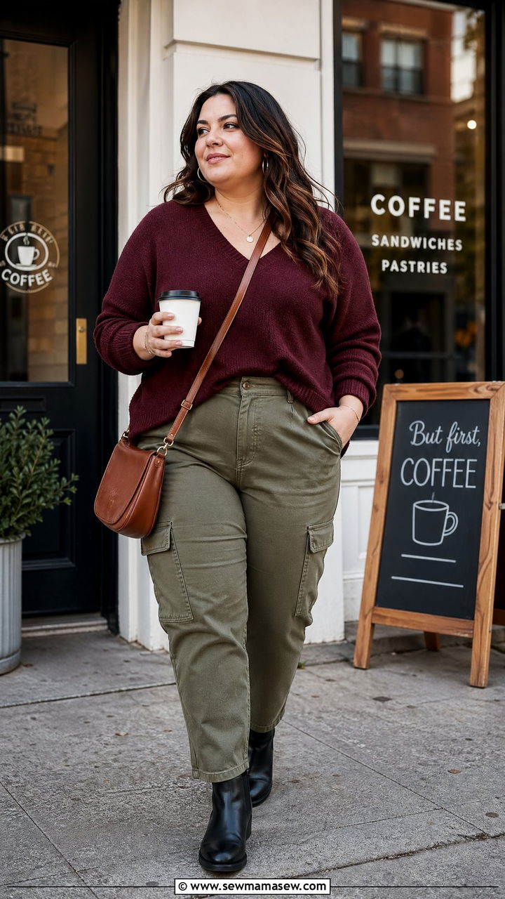 V Neck Sweater with Cargo Pants and Chelsea Boots - 35 casual outfits for curvy women