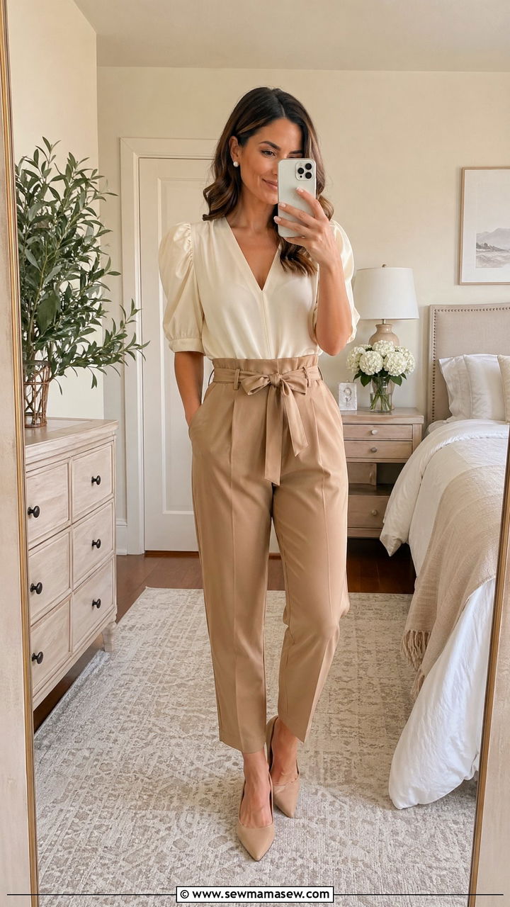 V neck blouse with paperbag waist pants outfit - 35 spring work from home outfit ideas