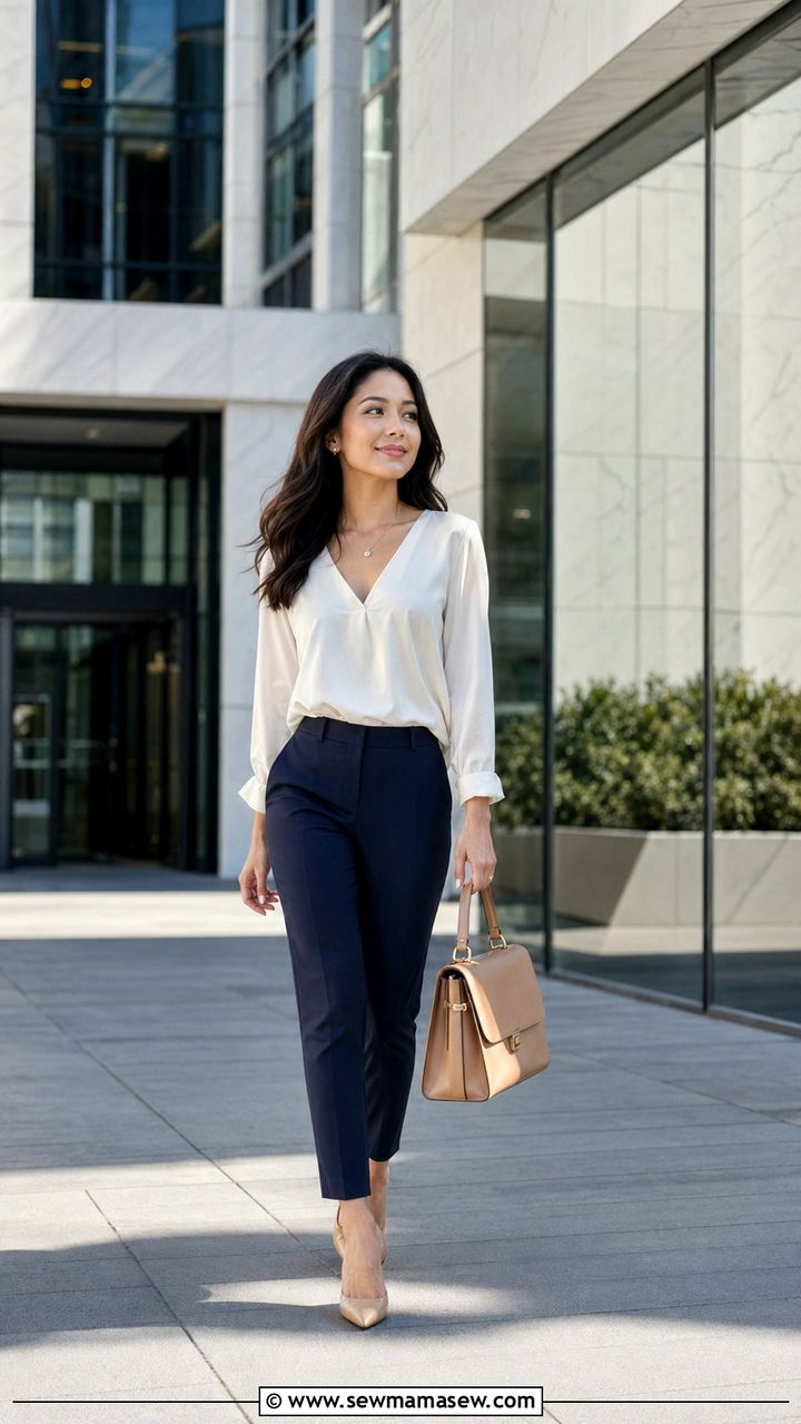 V neck blouse with slim ankle trousers outfit petite - 35 Outfit ideas for petite women