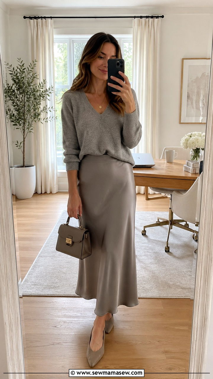 V neck cashmere sweater and satin slip skirt outfit - 30 romantic capsule wardrobe outfits