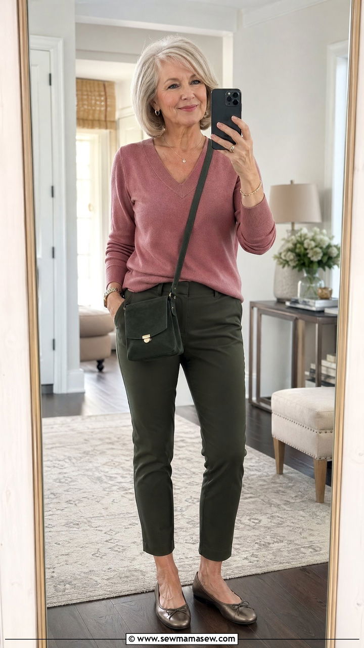 V neck knit top with ankle length pants outfit - 35 Classy outfit ideas for women over 60