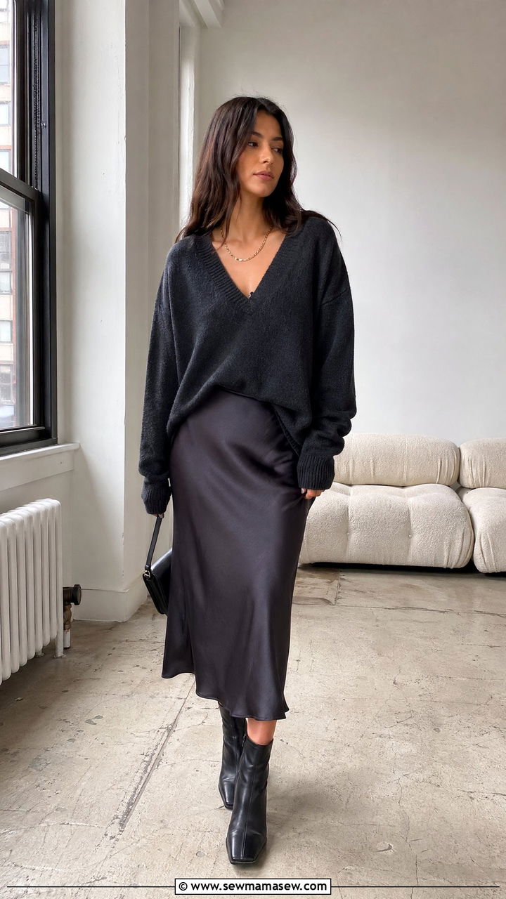 V neck sweater with slip midi skirt - 35 Sweater skirt outfit ideas