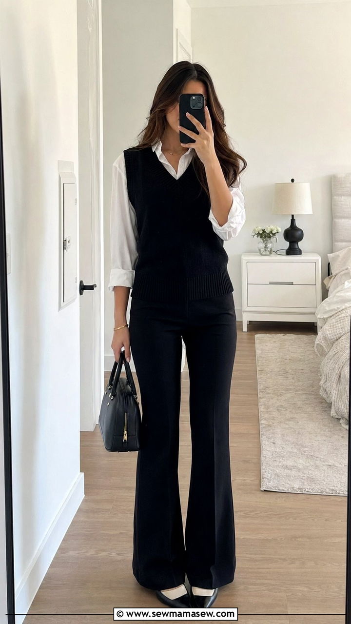V neck vest button up shirt and flared pants - 30 Back to school outfit ideas for college 2026