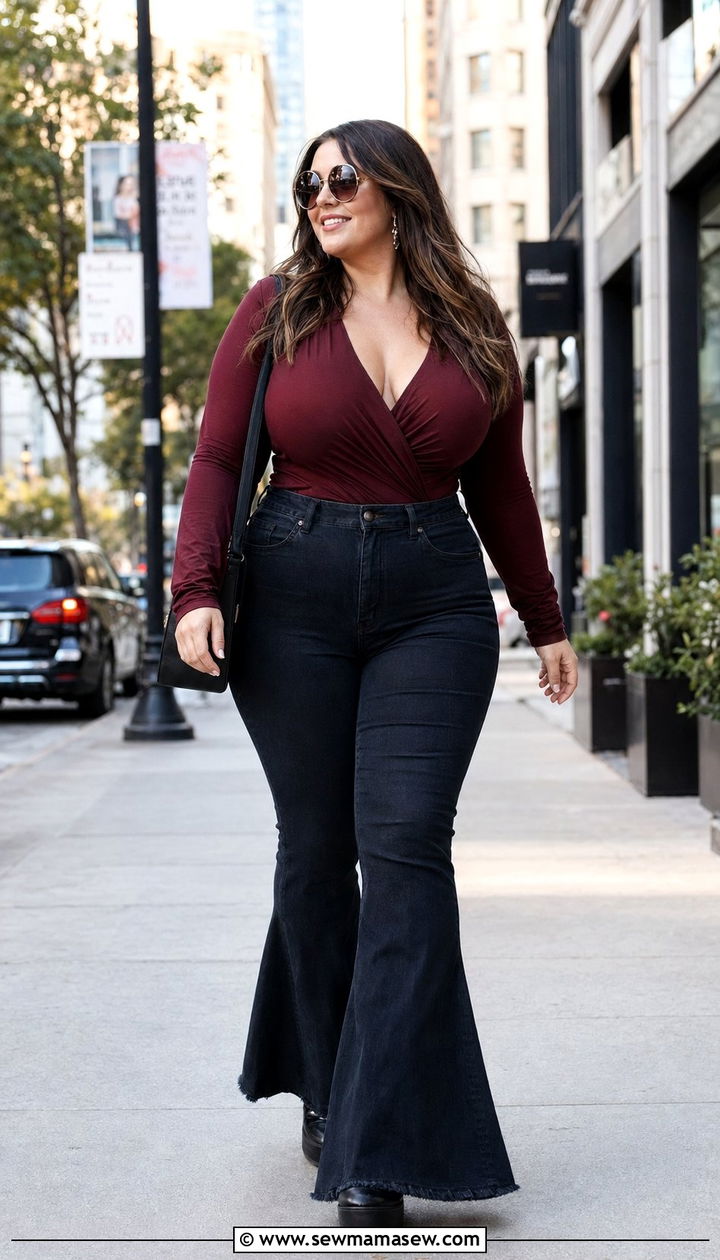 V neck wrap top with flared jeans outfit - 35 Outfit ideas for curvy women