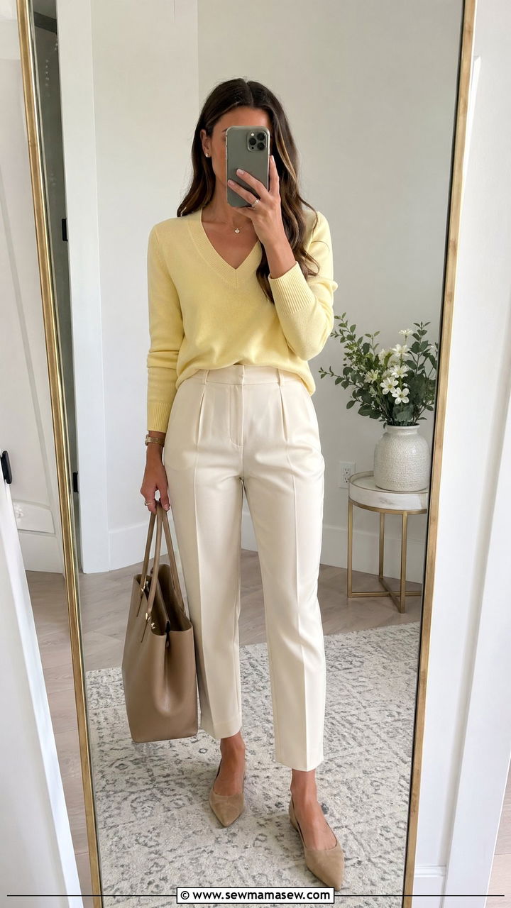 VNeck Sweater With Tailored Trousers Preppy Outfit - 35 spring preppy outfit ideas